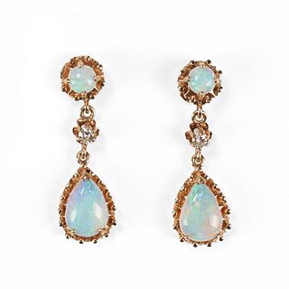 14K White Opal & Diamond Dangle Earrings
