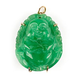14K Gold Chinese Carved Jade Buddha Pendant