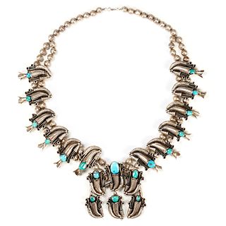 Bisbee Turquoise Sterling Squash Blossom Necklace
