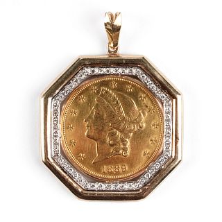 14K Gold & Diamond 1889-S $20 Liberty Head Coin