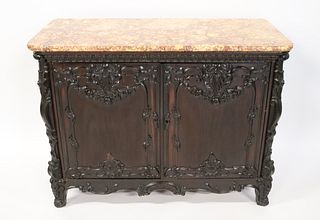 Antique Highly Carved Rosewood Marbletop Cabinet .