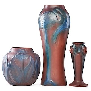 VAN BRIGGLE Three vases, Mulberry glaze