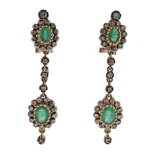Continental 18K Gold Silver Diamond Emerald  Earrings