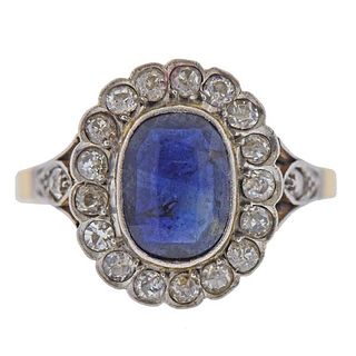 Art Deco 18k Gold Platinum Synthetic Sapphire Diamond Ring
