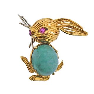 1960s 18K Gold Ruby Rabbit Brooch Pin