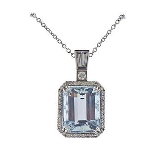 18K Gold Diamond 22ct Aquamarine Large Pendant Necklace