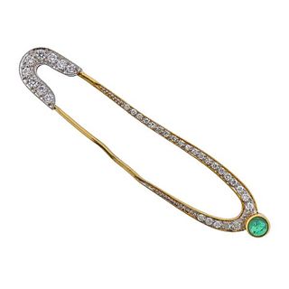 18K Gold Diamond Emerald Brooch Safety Pin