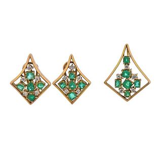 18K Gold Diamond Emerald Pendant Earrings Set