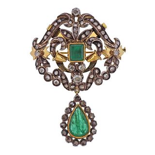 Continental 18k Gold Silver Emerald Diamond Pendant Brooch