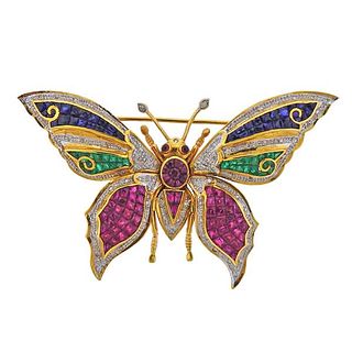 18K Gold Diamond Emerald Ruby Sapphire Butterfly Brooch Pin