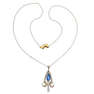 David Sacco 18K Gold Diamond Topaz Pearl Pendant on 14k  Necklace