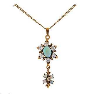 Antique 14k Gold Diamond Opal Pendant Necklace 
