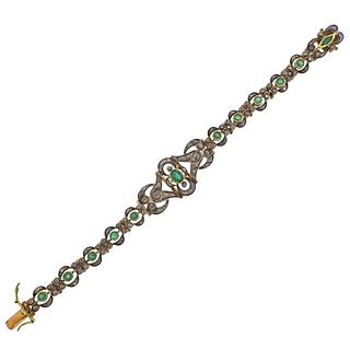 Continental 18k Gold Silver Emerald Diamond Bracelet
