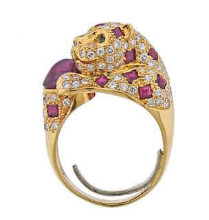 18k Gold Diamond Ruby Emerald Leopard Ring 
