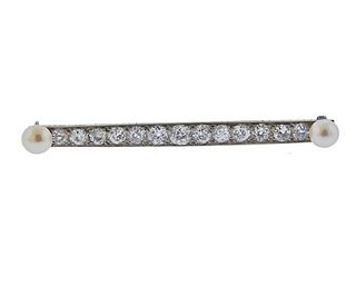 Art Deco Platinum Diamond Pearl Bar Brooch Pin
