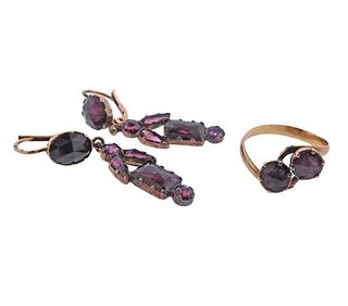 Antique 18k Rose Gold Garnet Amethyst Ring Earrings Set 