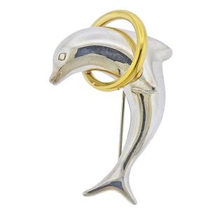 Tiffany &amp; Co Silver 18k Gold Dolphin Brooch Pin