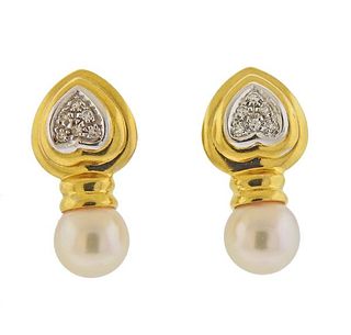 18k Gold Diamond Pearl Heart Earrings 