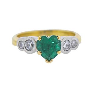 18k Gold Platinum Heart Emerald Diamond Ring 