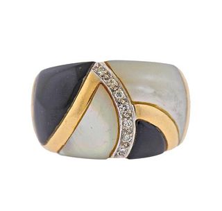 14k Gold Inlay MOP Onyx Diamond Ring 