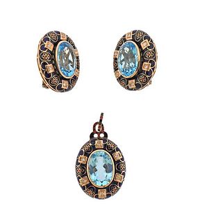 12k Rose Gold Enamel Blue Topaz Diamond Earrings Pendant Set