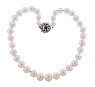 14K Gold Diamond Sapphire Pearl Necklace