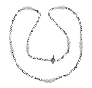 David Yurman Silver 18K Gold Pearl Toggle Necklace