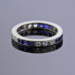 Art Deco Platinum French Cut Sapphire Diamond Band Ring 