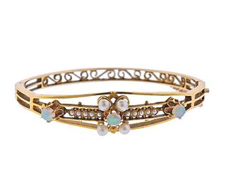Antique 14k Gold Pearl Opal Bangle Bracelet 