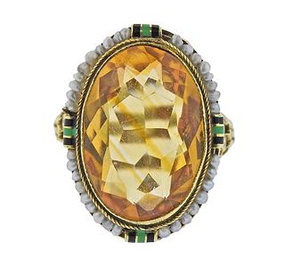 Art Deco 14k Gold Seed Pearl Enamel Citrine Ring 