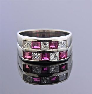 Platinum Diamond Ruby Half  Band Ring 