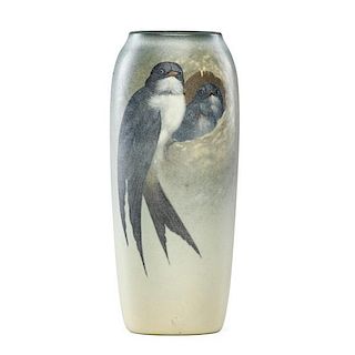 CARL SCHMIDT;  ROOKWOOD Vellum vase with swallows