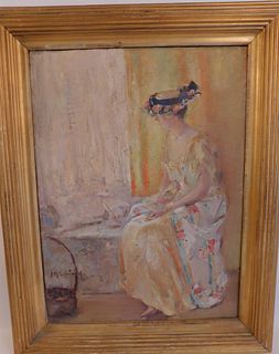 IMPRESSIONIST PAINTING OF INTERIOR & LADY - SIGNED 
