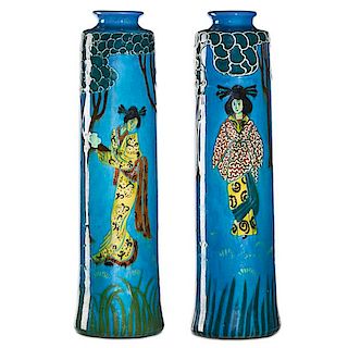 F.H. RHEAD;  WELLER Two tall Jap Birdimal vases