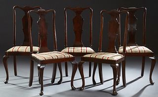 Set of Five English Queen Ann Style Carved Mahogany Dining Chairs, early 20th c., the arched backs over vasiform splats, to trapezoidal slip seats, on