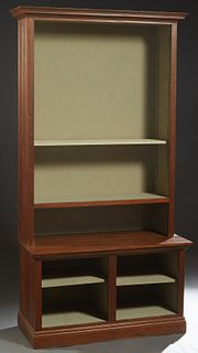 Cypress Bookcase, 20th c., the stepped crown over a top with beaded board sides and adjustable shelf standards, on a beaded board base with open adjus