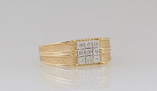 Man's 18K Yellow Gold Dinner Ring, the rectangular top with three horizontal rows of three round diamonds, over indented Florentined shoulders of the 