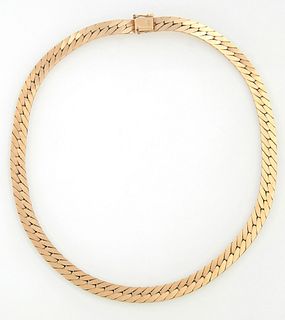 14K Yellow Gold Flat Herringbone Necklace, 20th c., with a safety clasp, H.- 1/4 in., L.- 16 in. Wt.- 1.5 Troy Oz.