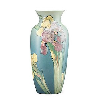 MAE TIMBERLAKE;  WELLER Tall Hudson vase w/ irises