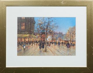 Paul Renard (1941-1997, French), "Paris Street Scene," 20th c., gouache on paper, signed lower right, presented in a gilt frame, H.- 71/2 in., W.- 11 
