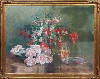 Georges Meunier (1869-1942, French), "Flowers," 20th c., pastel on canvas, signed upper right, presented in a gilt frame, H.- 25 in., W.- 33 in., Fram