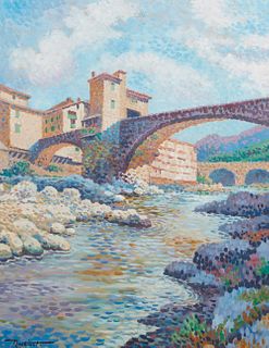 Lucien Roubinet (Lucien Neuquelman, 1909-1988, French), "Romain Bridge," 20th c., oil on canvas, signed lower left, presented in a polychromed frame, 