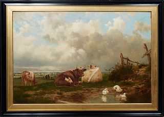 Charles Coumont (1822-1889, Belgian), "Animals in Landscape," 19th c., oil on canvas, unsigned, presented in a gilt and ebonized frame, H.- 27 in., W.