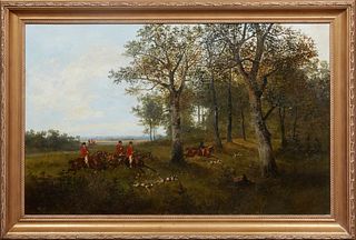 Louise Steffens (1841-1865, Belgian), "La Chasse au Renard," 19th c., oil on canvas, signed lower right, presented in a gilt frame, H.- 26 in., W.- 41