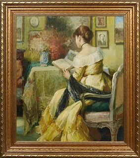 George Vuillard (1956-, French), "Lady Reading a Book," 20th c., oil on board, signed lower right, presented in a gilt frame, H.- 23 1/8 in., W.- 19 1