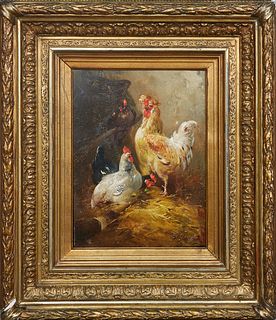 Henry Schouten (1857-1927, Belgian), "Chickens," 19th c., oil on board, signed lower right, presented in a gilt and gesso frame, H.- 12 in., W.- 9 in.