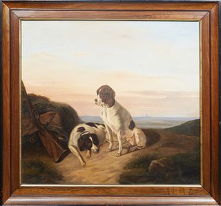 English School, "Two Dogs Waiting for the Hunt," 19th c., oil on canvas, unsigned, presented in a wood frame, H.- 28 1/2 in., W.- 31 in., Framed H.- 3