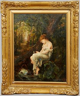 M.c.t., "Girl in the Woods," 1882, oil on canvas laid to board, initialed lower right, presented in a gilt and gesso frame, H.- 17 ? in., W.- 13 ? in.