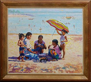 Pierre Guillaume (1954-, Dutch), "Lunch on the Beach in Bali," 2006, oil on canvas, signed and dated lower right, presented in a gilt frame, signed an