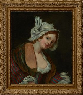 Circle of Henry Robert Morland (1719-1797, British), "Country Girl," 18th c., oil on canvas, presented in a gilt relief frame, H.- 23 in., W.- 19 1/2 